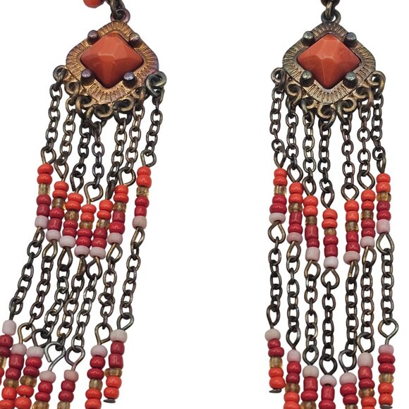 Beaded Orange Dangle Drop Brass Tone Hippie Boho Gypsy Tassel Rustic Earrings - Picture 5 of 10